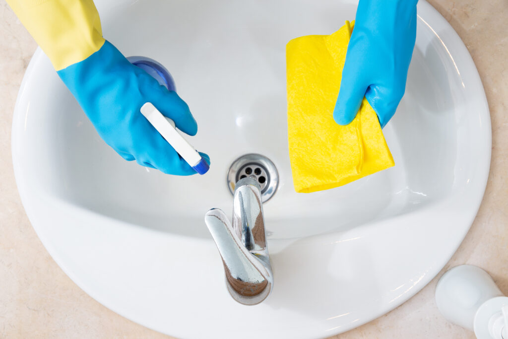 Hands with protection gloves cleaning a bathroom