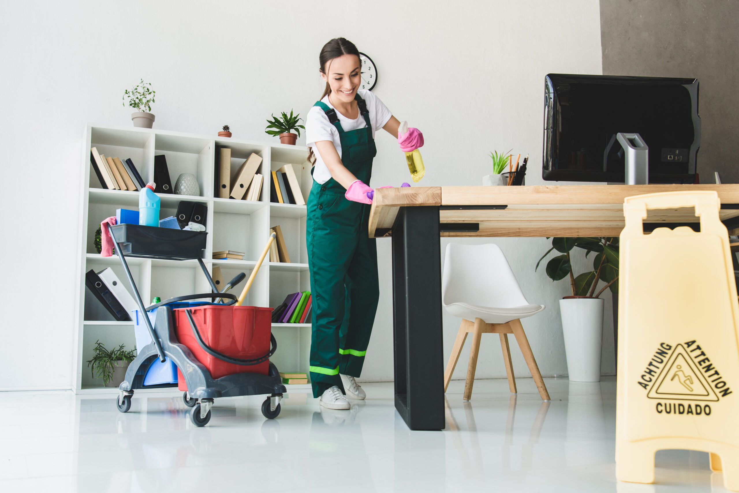 low angle view of smiling young janitor cleaning modern office