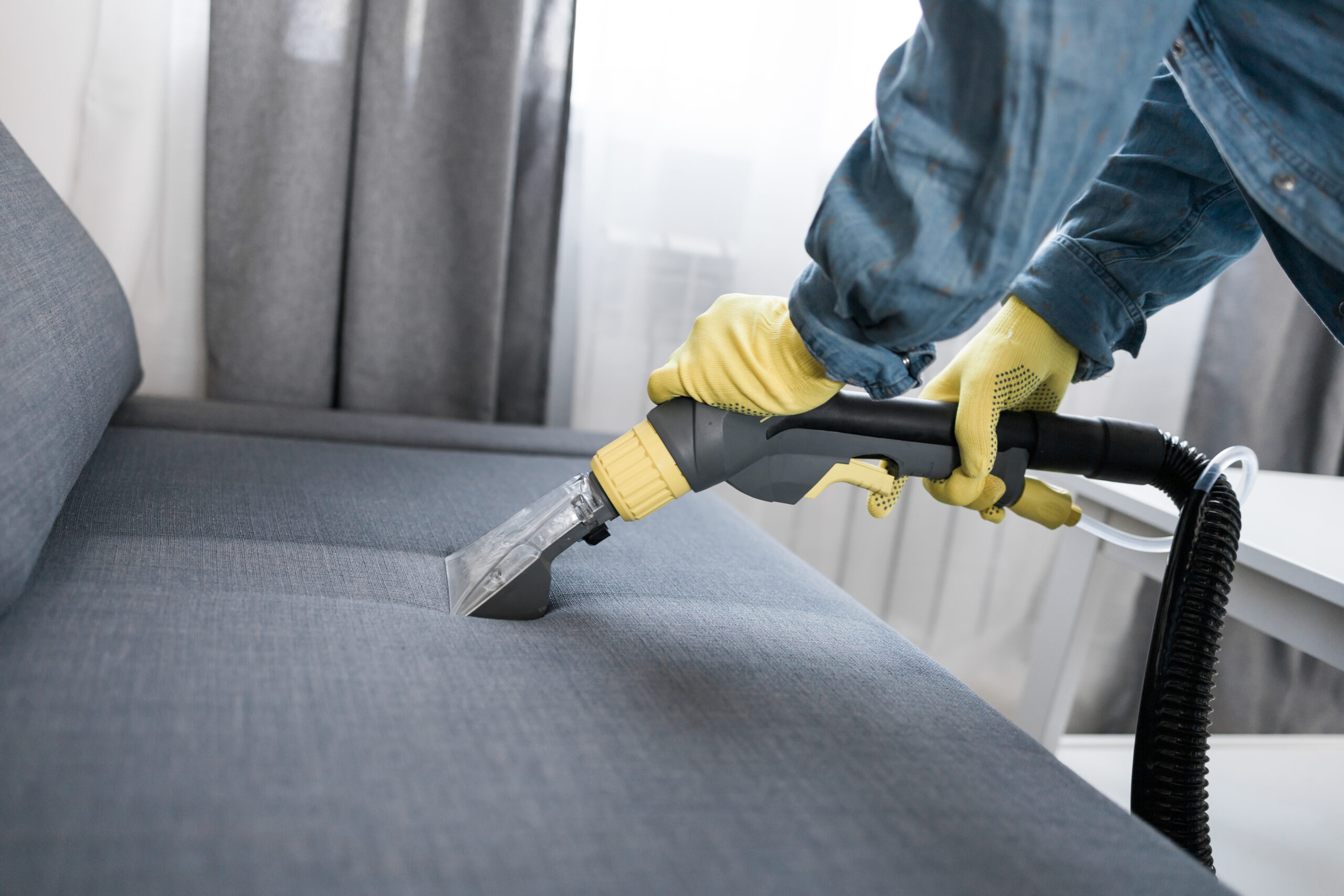 Man in protective rubber glove cleaning sofa with professionally extraction method with washing vacuum cleaner. Early spring regular cleanup. Commercial cleaning company